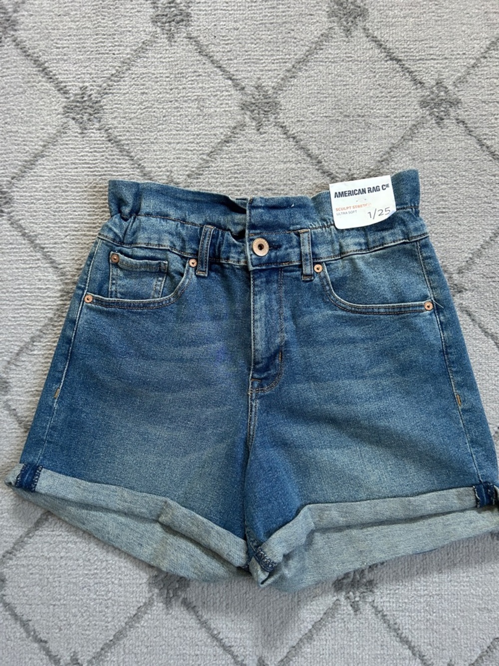 American Rag Sculpt CIE Stretch Dark Blue Paperbag Waist Rolled Denim Shorts